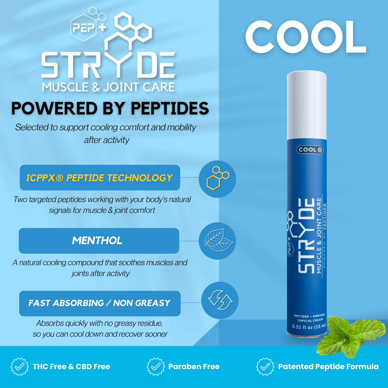 PEP+ STRYDE COOL Cream — Single 15mL Airless pump